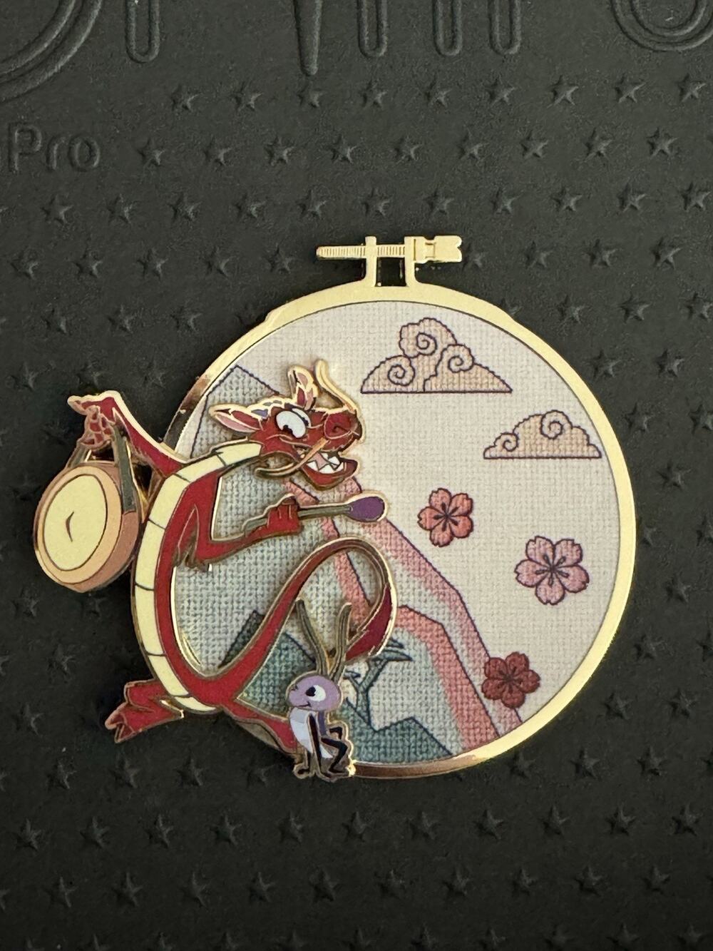 PALM Pink A La Mode Disney Sidekicks Cross Stitch Pin Mushu Crikee Mulan LE 500